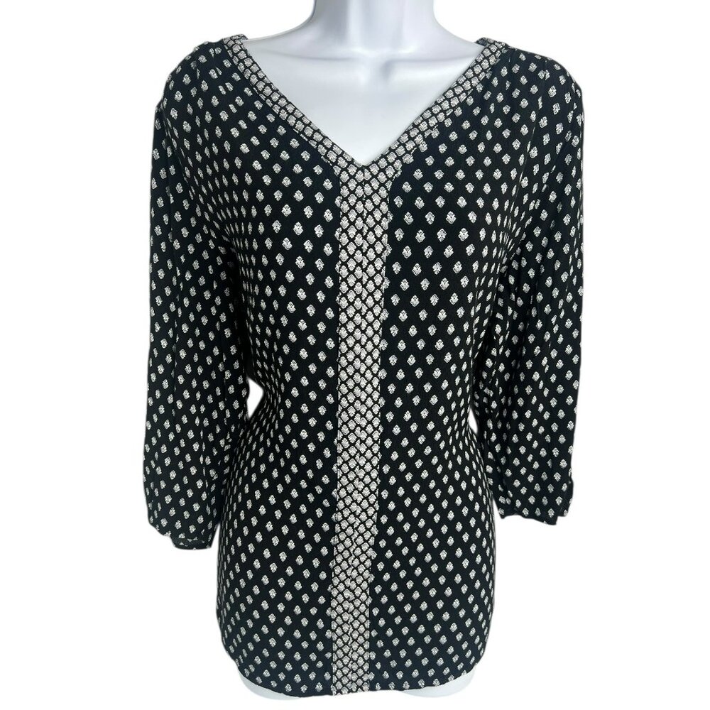 Croft & Barrow Women’s Black Patterned Blouse V-Neck 3 Quarter Sleeve Size L